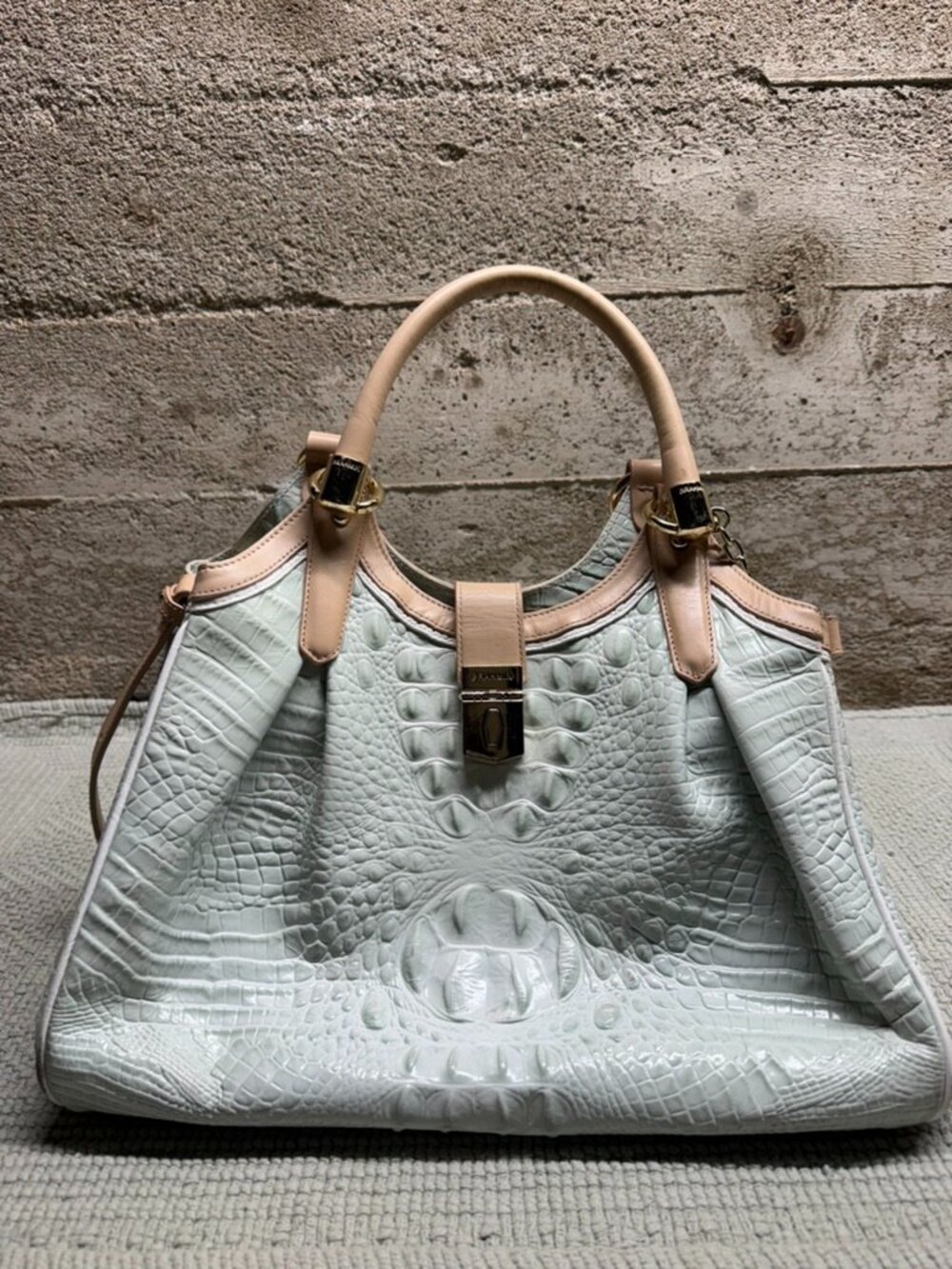 Brahmin Elisa Satchel Blue Gray Croc Embossed Beige Trim Shoulder Strap